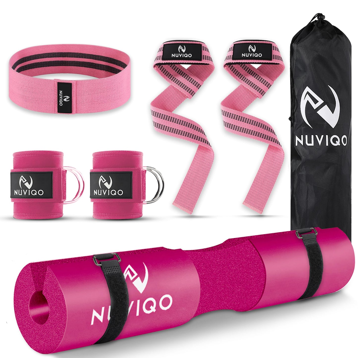 NUVIQO 9 Pcs Gym Accessories Set Featuring Barbell Pad with 2 Safety Straps - 2 Ankle Straps for Cable Machine - 2 Weight Lifting Straps - Hip Resistance Band - Carry Bag for Hip Thrust Pad