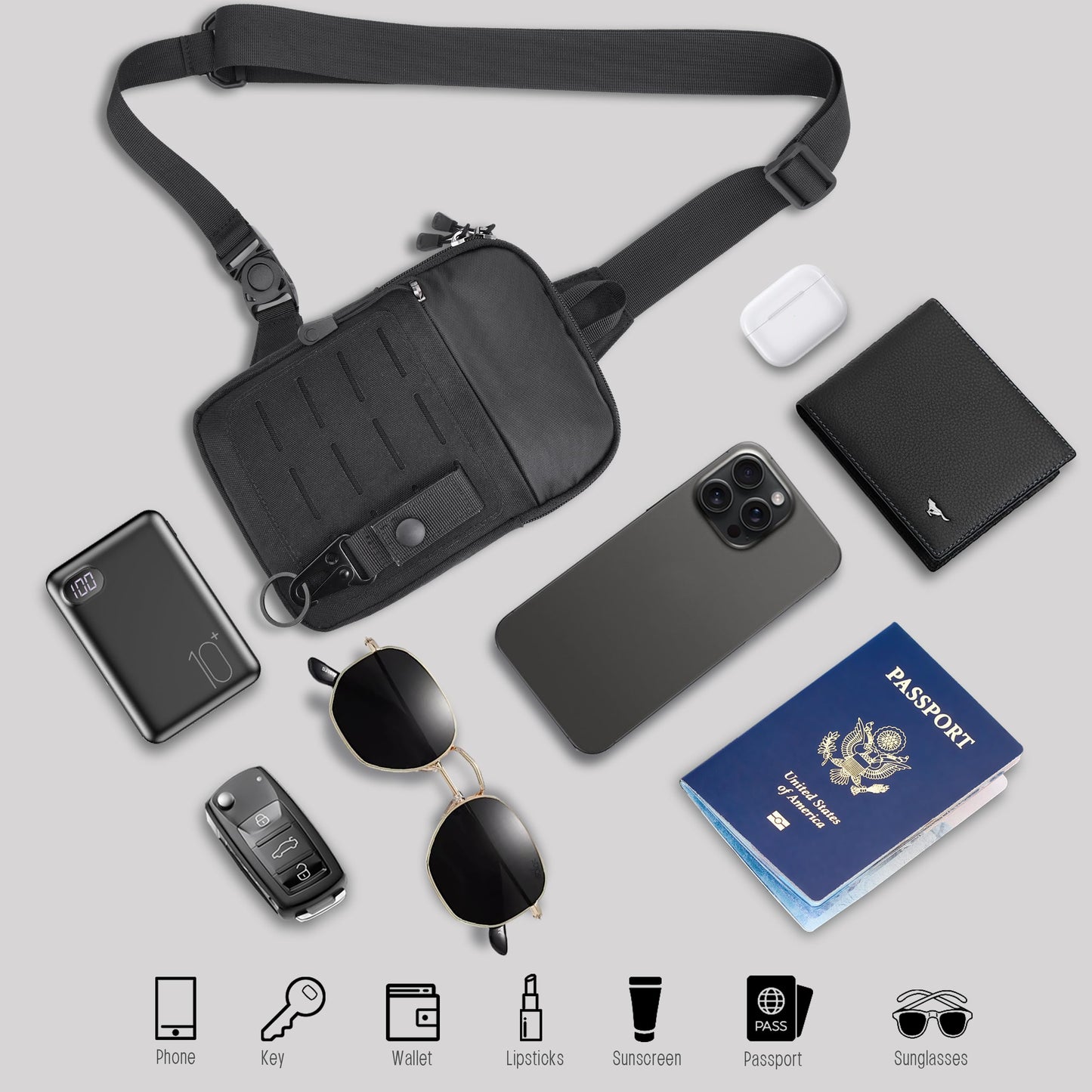 MOZETO Small Cross Body Bag, Mens Tactical Mini Sling YKK Zipper MOLLE Chest Bag Phone Holder Utility Chest Side Pack with 270° Buckle & Keychain
