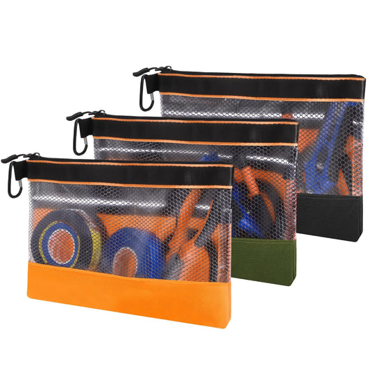 BESARME 3 Pcs 11.8" Clear Tool Pouches with Zipper Heavy-Duty Small Tool Bag Waterproof Zipper Tool Pouch with Mesh Window Electrician Tool Pouch for Men and Women