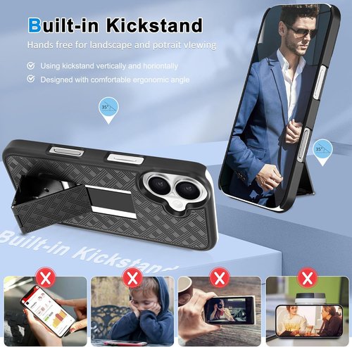 Fingic iPhone 17 Case - Slim Shockproof Holster with Kickstand | Rugged Full Body Protection, Black