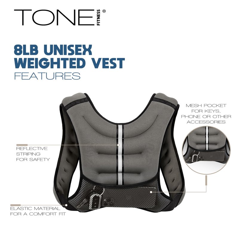 TONE Fitness 8LB Weighted Vest Gray – Unisex Workout Vest with Phone Pouch, Reflective Strips, and Adjustable Fit for Walking, Running, Cardio, and Strength Training