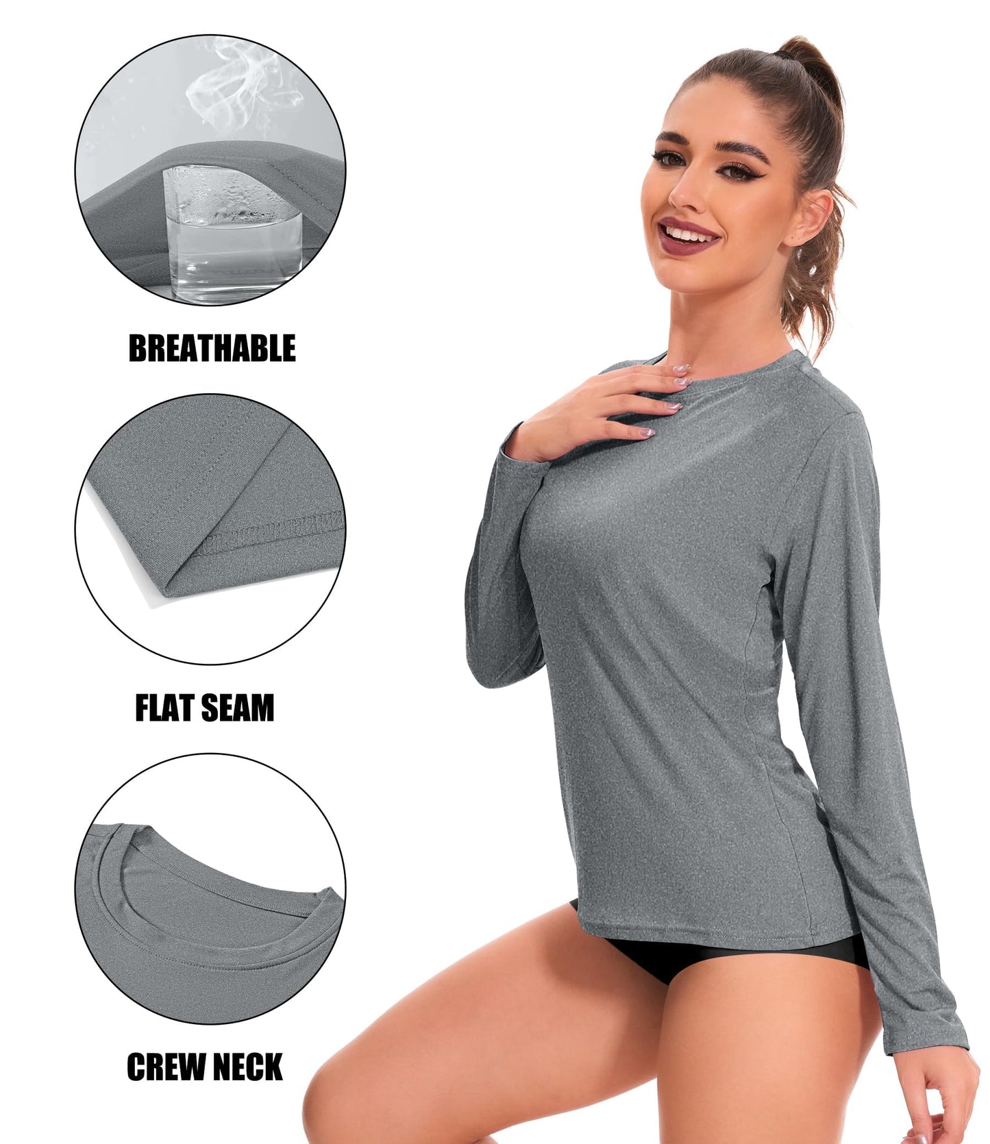 Kinglaman 6 Pack Women's Long Sleeve Workout Dry Fit Shirts, UPF 50+ Rash Guard SPF UV Sun Protection Shirts Crew Neck 1 Black 1 Gray 1 Blue 1 Purple 1 Dark Pink 1 Green Large