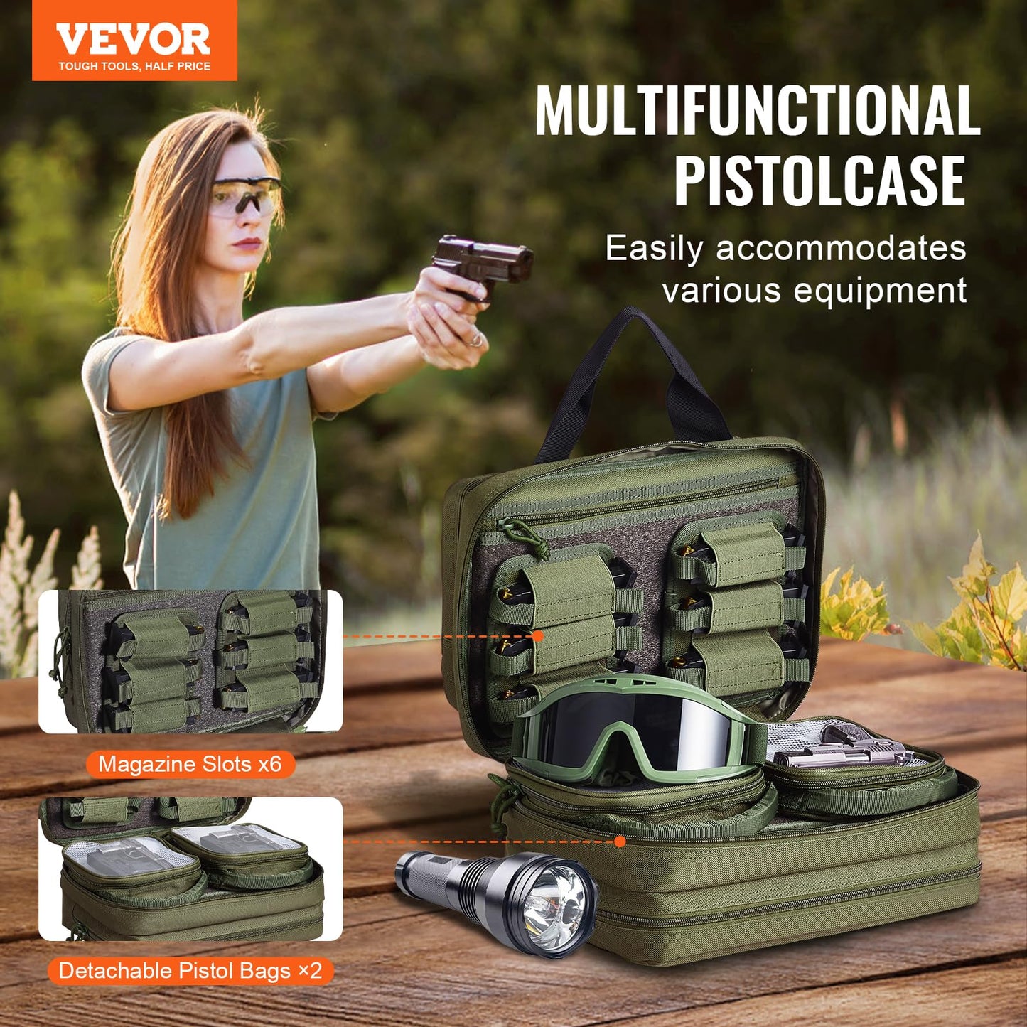 VEVOR Gun Bag with Detachable Baffles & 6 Magazines Shooting Handgun Bag for Outdoor Hunting Shooting Pistol Bag Case (2 Removable Pistol Bags, Green, 13 x 7.9 x 9.1 in)