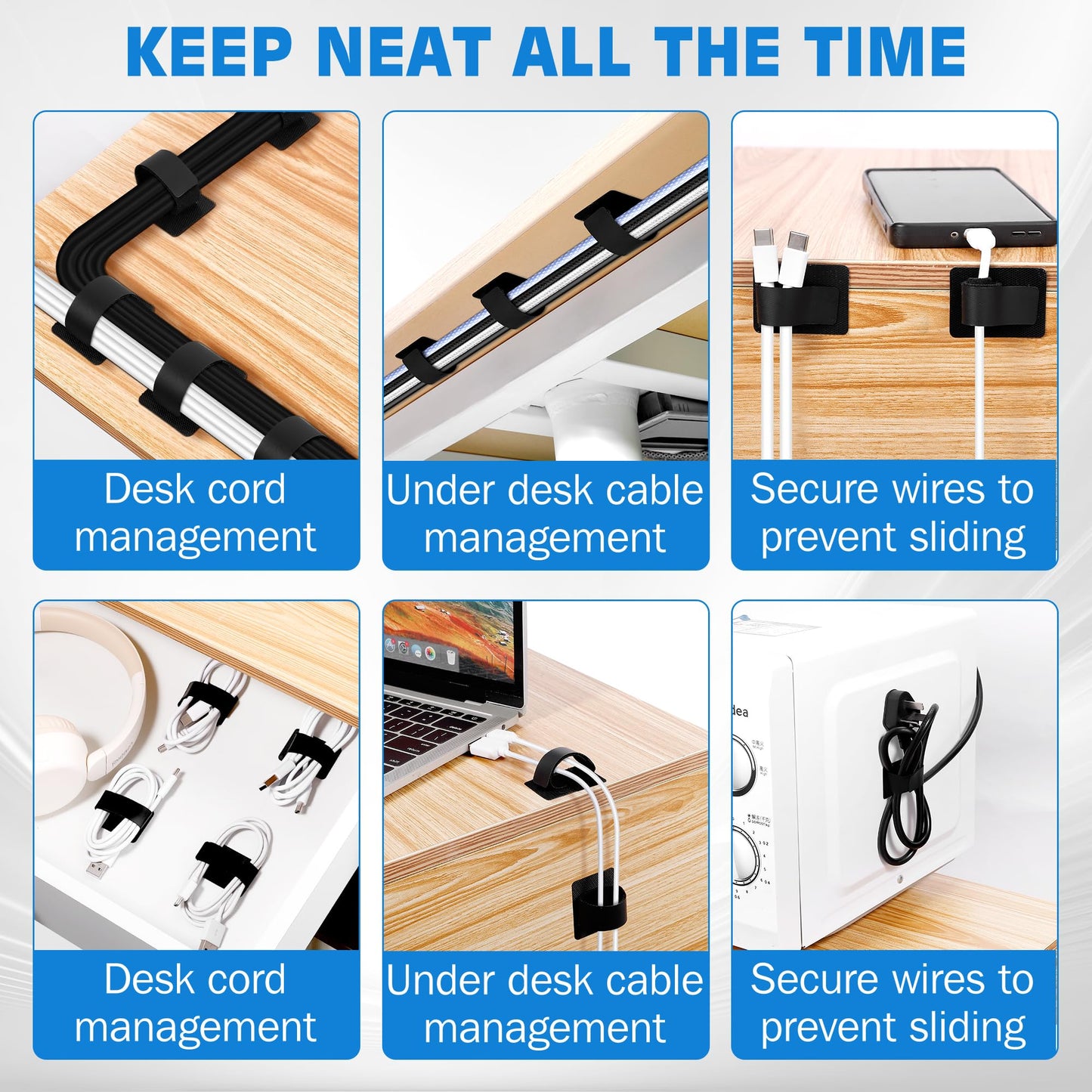 Vorona Under Desk Cable Management, 41pcs Adjustable Self Adhesive Hook and Loop Cable Ties, Up to 15 Cord, Enhanced Wire Holder, Reusable Cord Holder Organizer for Household & Office Essentials