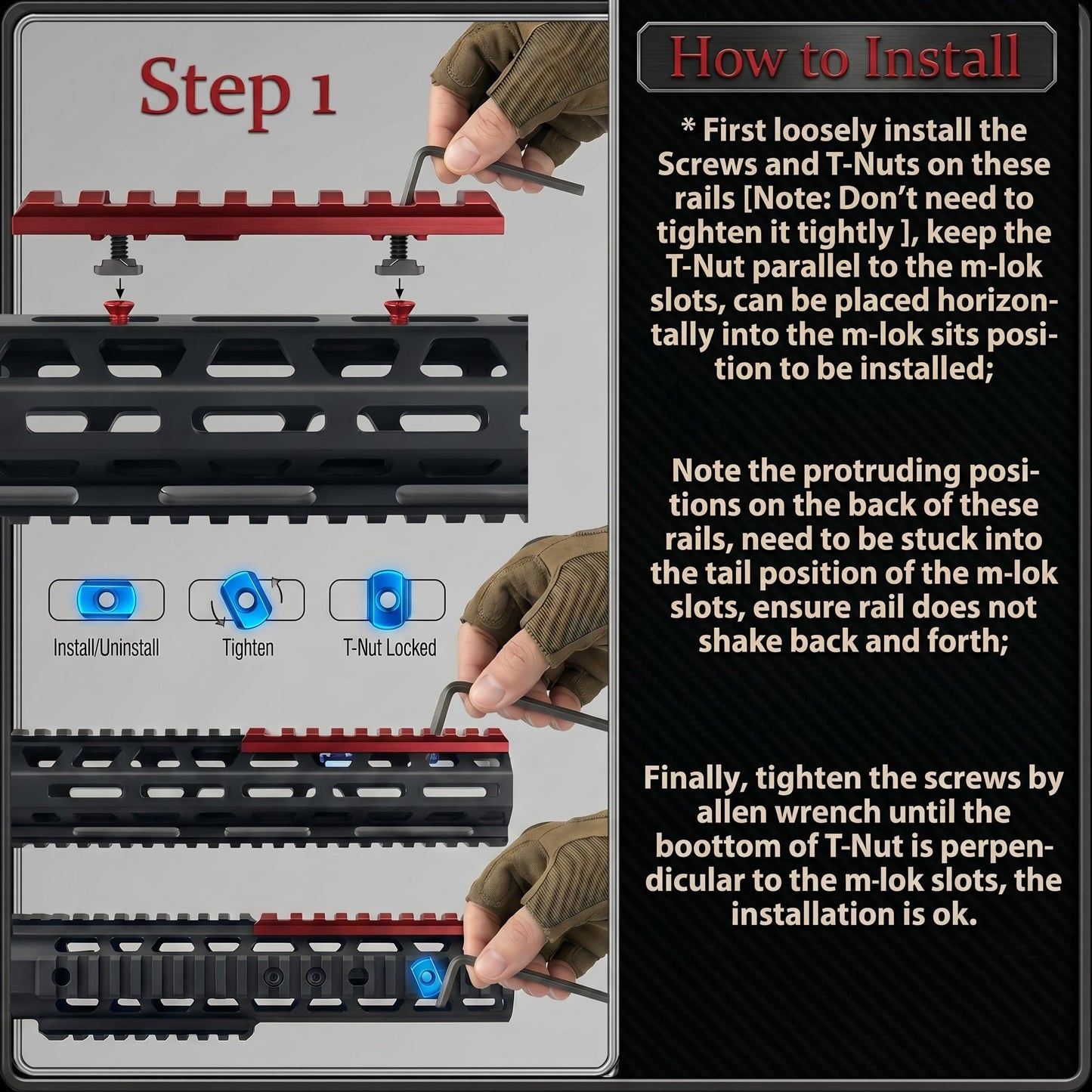 Gotical Pack of 6-2 Pieces of 5 Slots, 2 Pieces of 9 Slots, 2 Pieces of 11 Slots, Red Color, 12 Screw and 12 Nuts with 3 Allen Wrench,Compatible with MLOK Devices