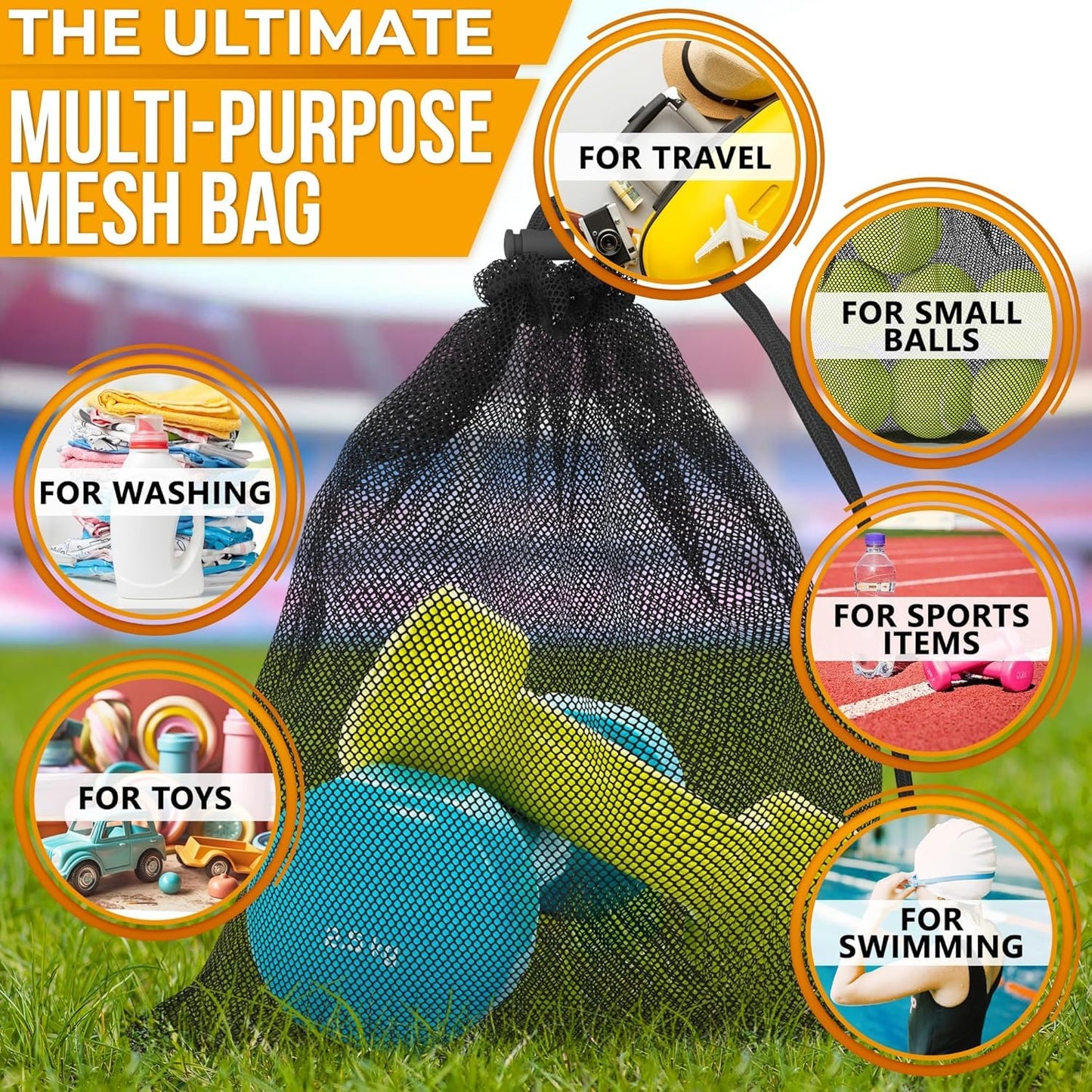 Jambala Mesh Drawstring Bags, 5 Pcs, 11 x 7 Inch - Nylon Net Bags for Swim Gear, Golf Balls, Tennis Balls, Gym Items, and Beach Essentials