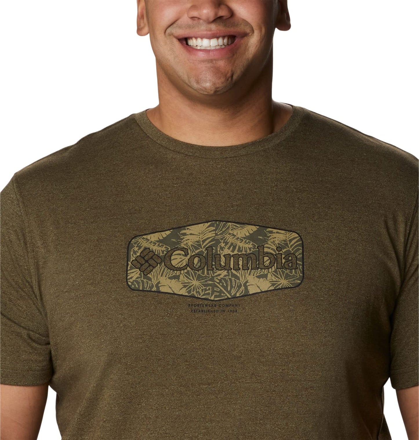 Columbia Men's Thistletown Hills Graphic Short Sleeve, Olive Green Heather/Wanderland Graphic, 4X Tall