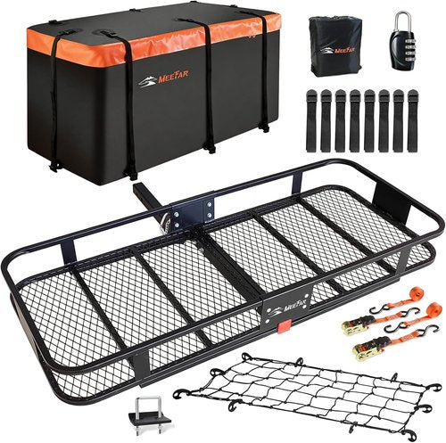 **Hitch Mount Cargo Carrier Basket by [Brand Name] - 500 Lbs Capacity, Waterproof Bag & Accessories | 60"x25"x6"**
