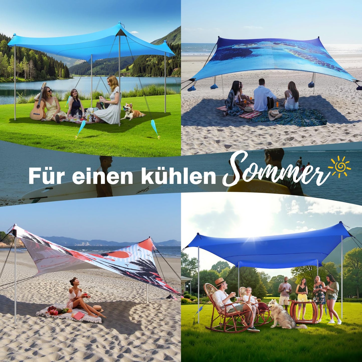 Rhino Valley Beach Tent, 10 x 10 FT Beach Shade UPF50+ Protection, Beach Canopy with 8 Sandbags 4 Stability Poles, Outdoor Beach Tent Sun Shelter Umbrella for Sand,Camping,Fishing Essentials,Dark Blue