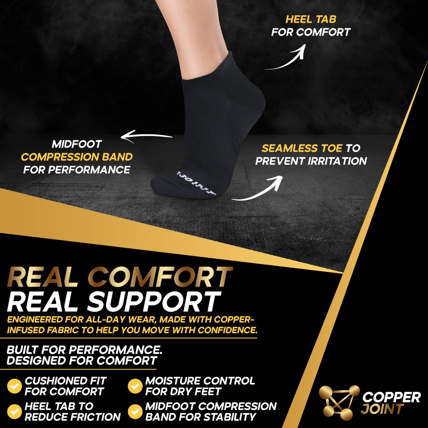 CopperJoint Low Cut Ankle Compression Socks 3 Pairs, Breathable Moisture Wicking for Sports & Daily Use, Black, L-XL