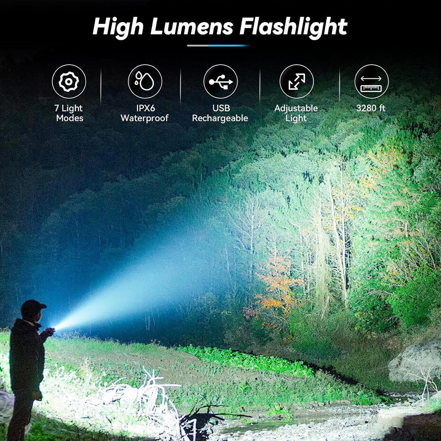 99,000 Lumens Rechargeable LED Flashlight - Super Bright, 7 Modes, IPX6 Waterproof for Camping & Hiking
