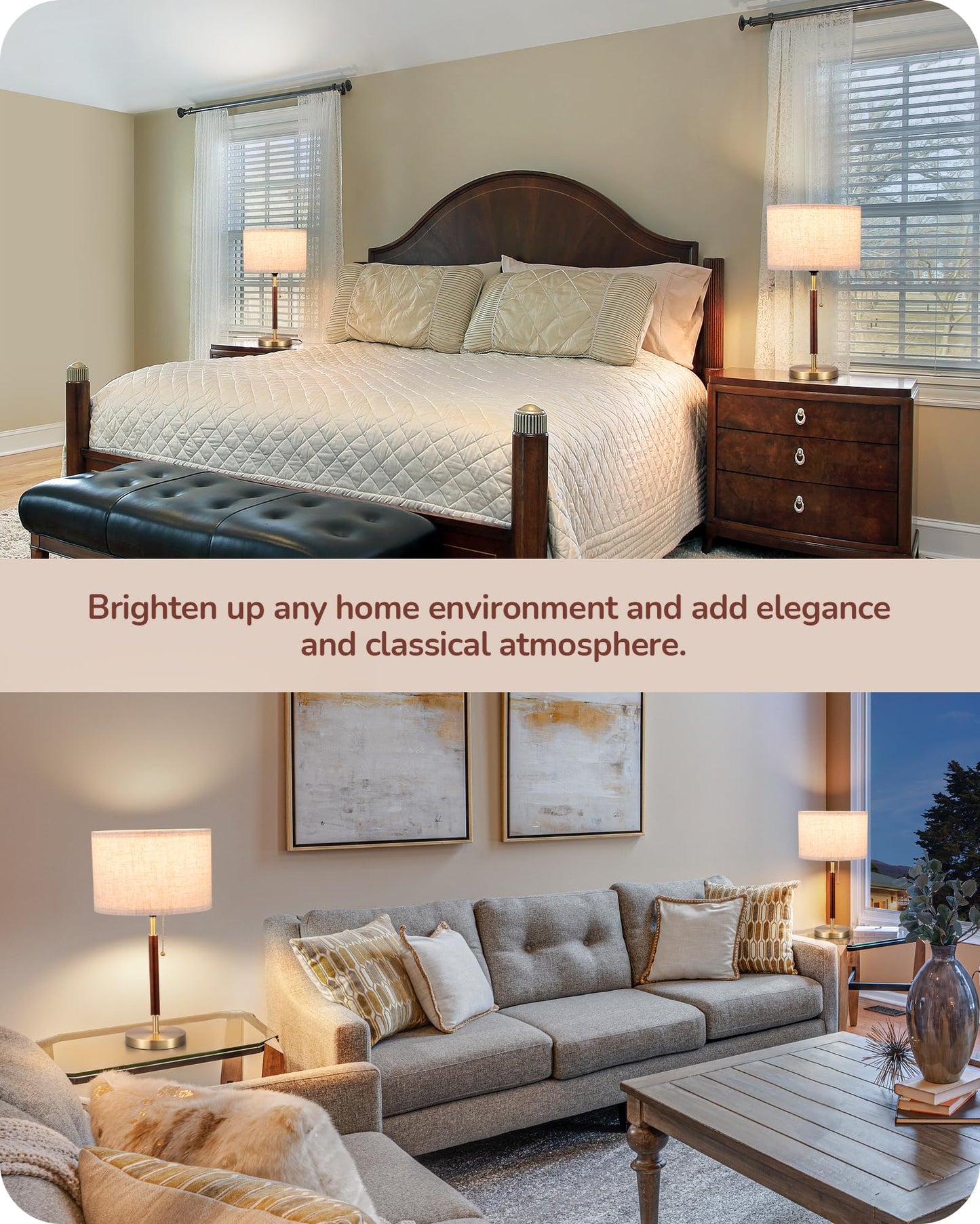 EDISHINE Mid Century Table Lamp Set of 2, Pull Chain Switch Bedside Lamp, Linen Shade, Solid Wood Pole & Bronze Brushed Metal Base, Modern Nightstand Lamp for Bedroom, Living Room, Office, E26 Base