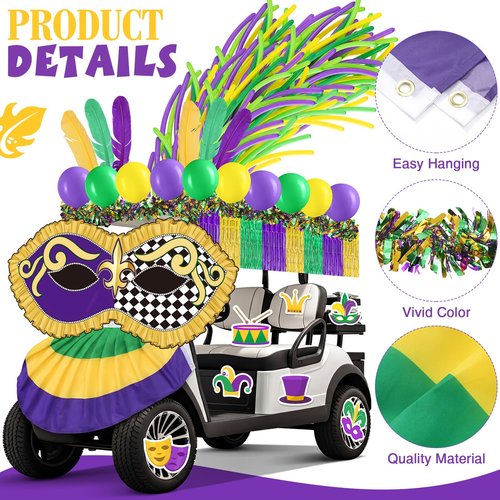Tasdurian 159 Pcs Mardi Gras Theme Parade Golf Cart Kit Decor Carnival Mask Banner Fan Flag Gold Green Purple Tinsel Foil Fringe Garlands Balloons Craft Feathers for Masquerade Party Supplies Decor