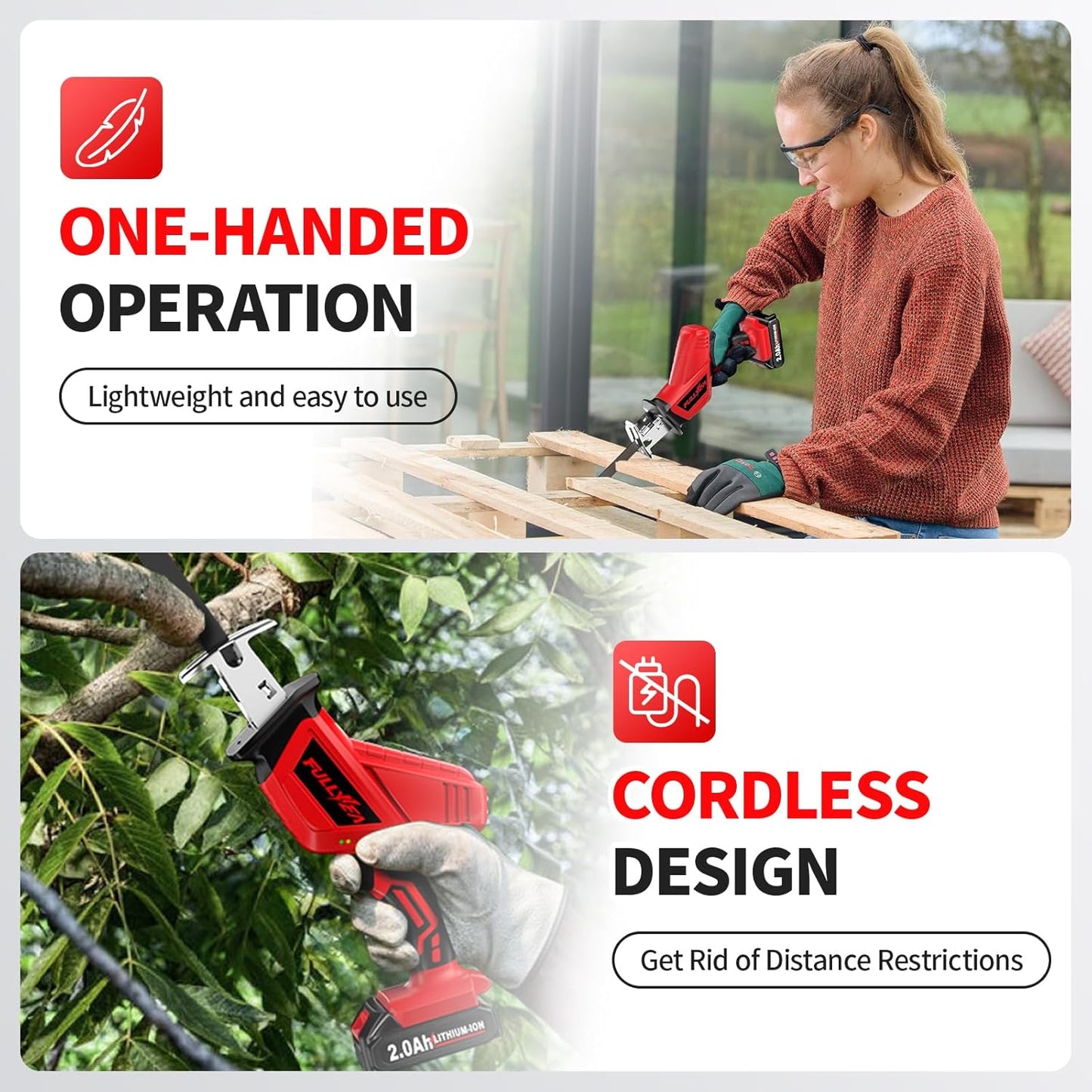 Cordless Reciprocating Saw 0-3500 SPM with 2 Batteries & 4 Blades - Tool-Free, Variable Speed for Wood, Metal, Plastic