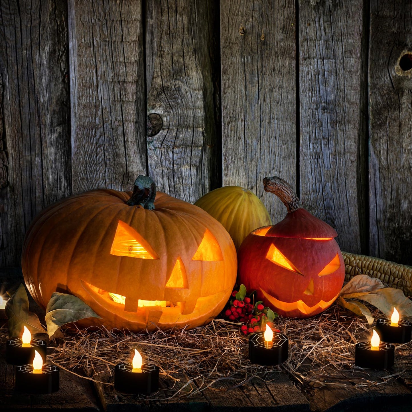 DRomance Halloween Flameless Votive Candles Battery Operated with 6H Timer, 12 Pack Black Spider Cobweb Decal LED Flickering Pumpkin Tea Lights Candles Fall Indoor Decoration(1.5" D x 1.4" H)
