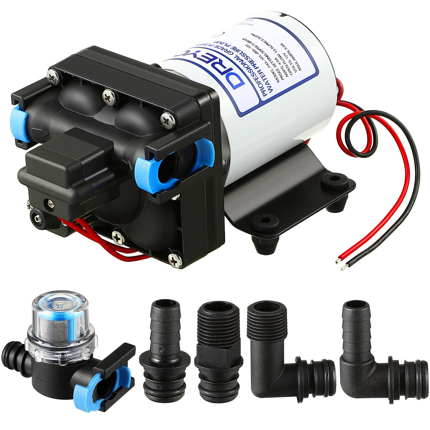 Dreyoo 12V RV Water Pump, 3.5GPM 55PSI Self Priming Automatic Diaphragm Water Pump with Adjustable Water Pressure Switch for RV Marine Yacht Agriculture(12V 55PSI 3.5GPM)