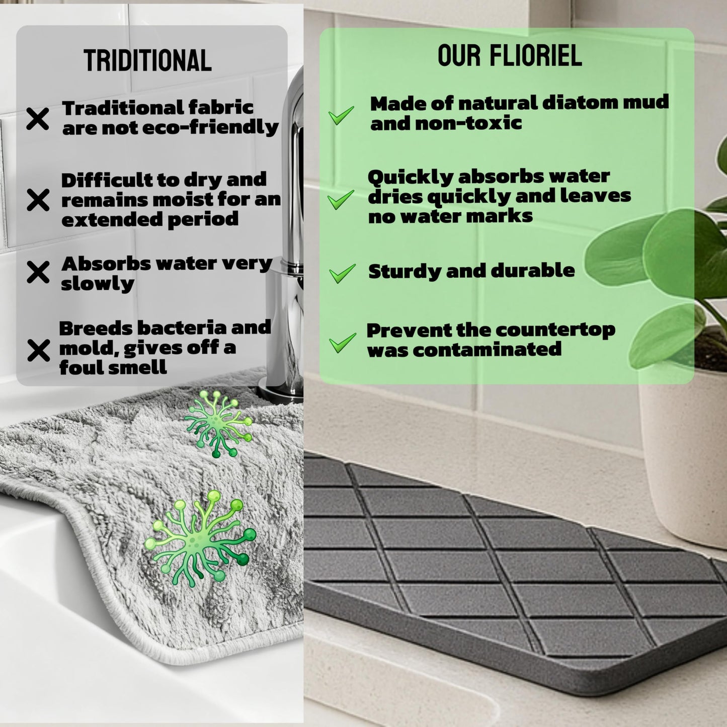 Stone Faucet Mat for Kitchen Sink & Stone Drying Tray for Bathroom, Ultra Fast Absorbing Mat Diatomaceous Earth, 2 Pieces Faucet Mat Together(23.6in * 4in) with a Rag, Stylish Home Gift(Gray)