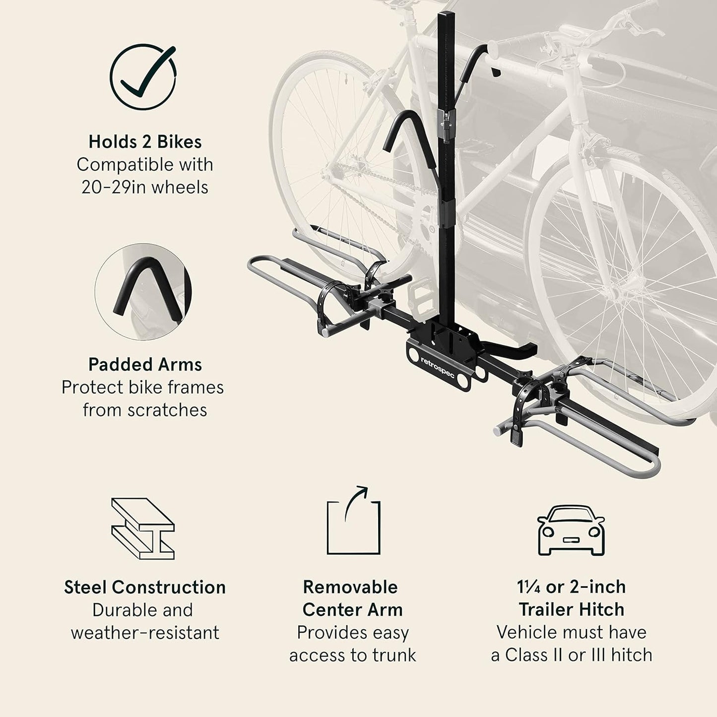 Retrospec Lenox Bike Rack - 2-Bicycle Carrier for 2-Inch Receiver | Class II or III Hitch
