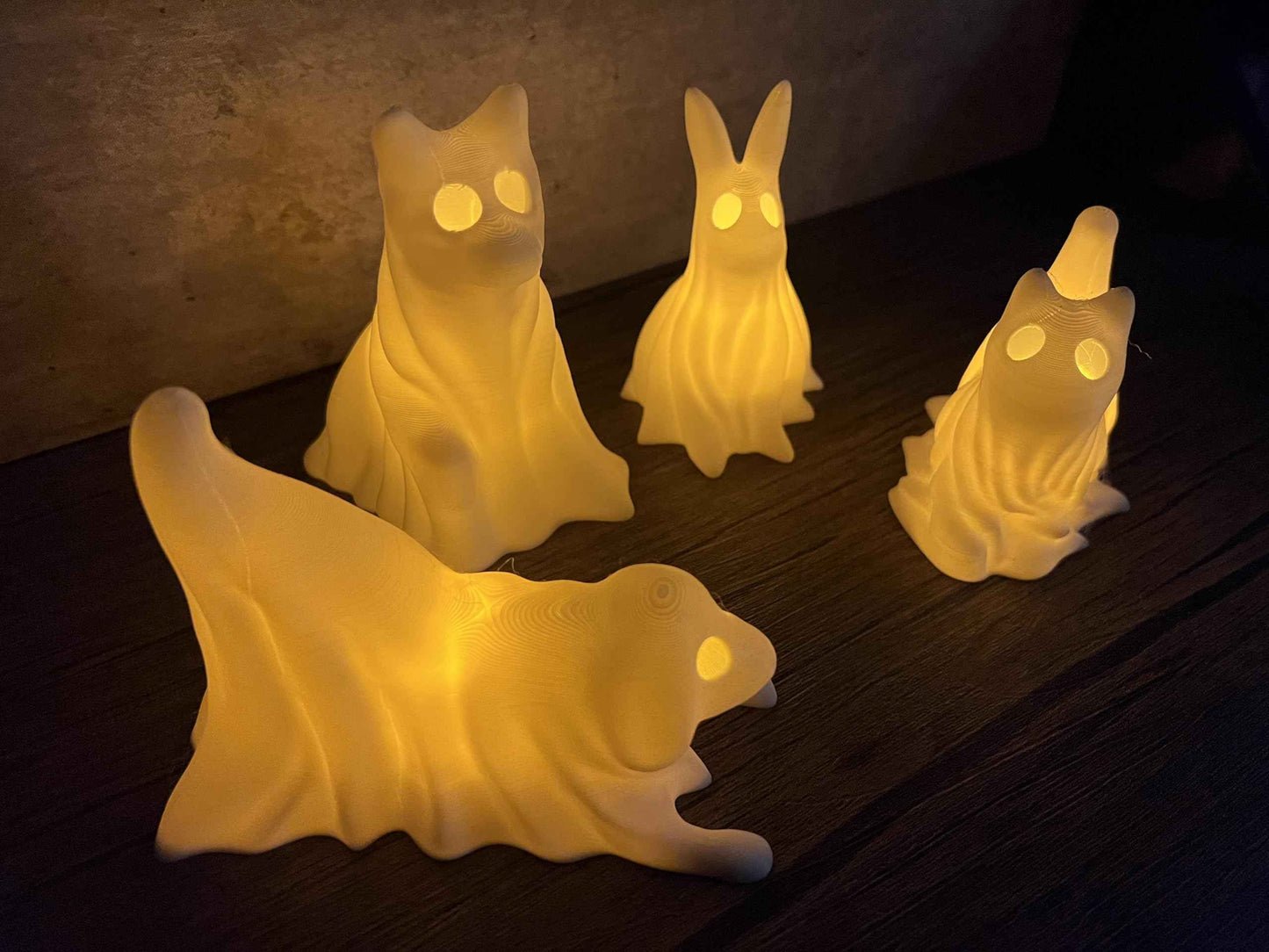 MunnyGrubbers - 4 Pack Glowing Ghost Dog With LED Tea Lights - Includes Bunny & Cat - Halloween Home Decor - Office Desk - LED Night Light - Spooky (Combo-Pack)