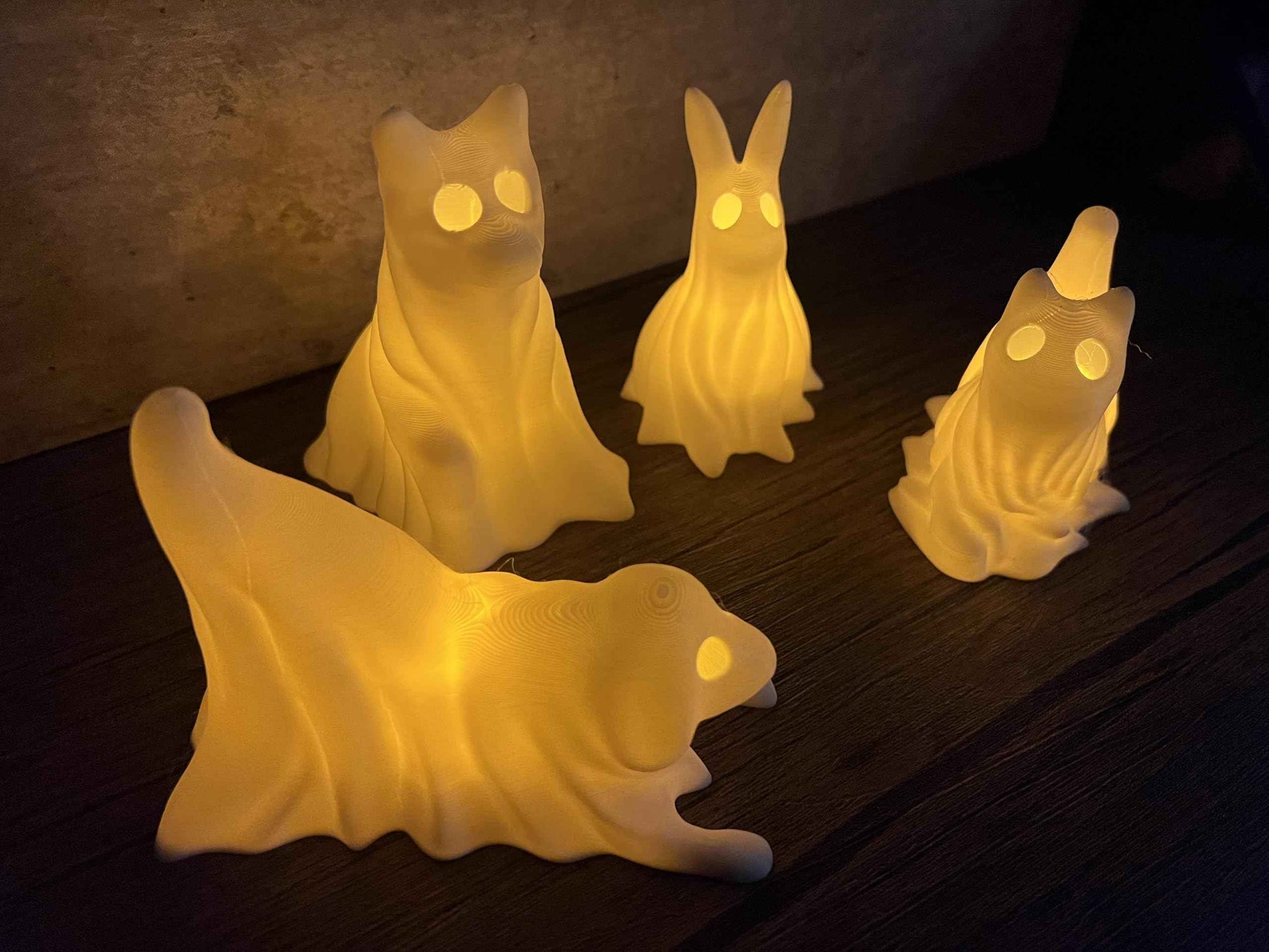 MunnyGrubbers - 4 Pack Glowing Ghost Dog With LED Tea Lights - Includes Bunny & Cat - Halloween Home Decor - Office Desk - LED Night Light - Spooky (Combo-Pack)