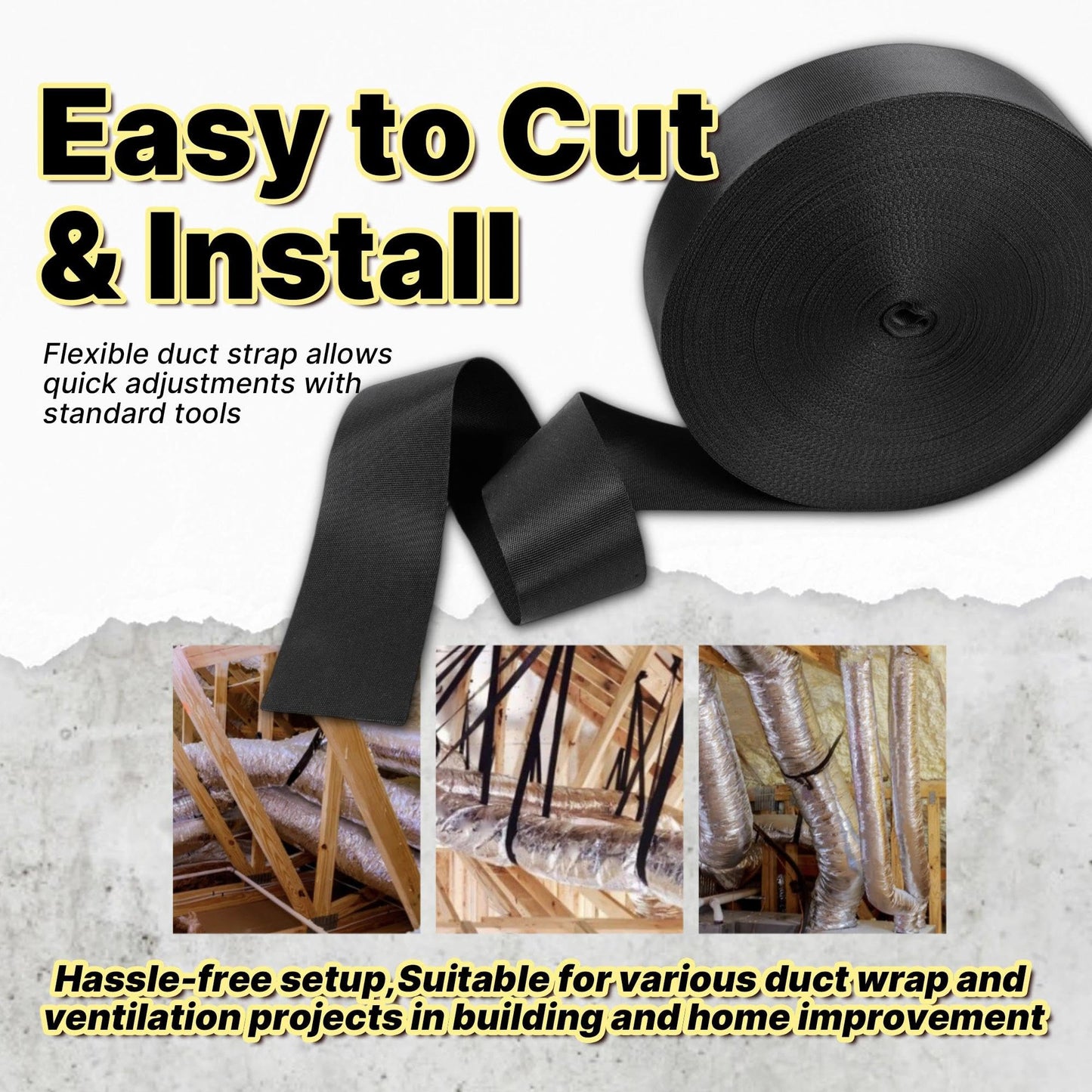 Yudylg Heavy Duty Duct Strap – 1.95 in x 147 ft Black Nylon Strapping for HVAC Duct, Durable Wrap Support Band for Building & Home Improvement