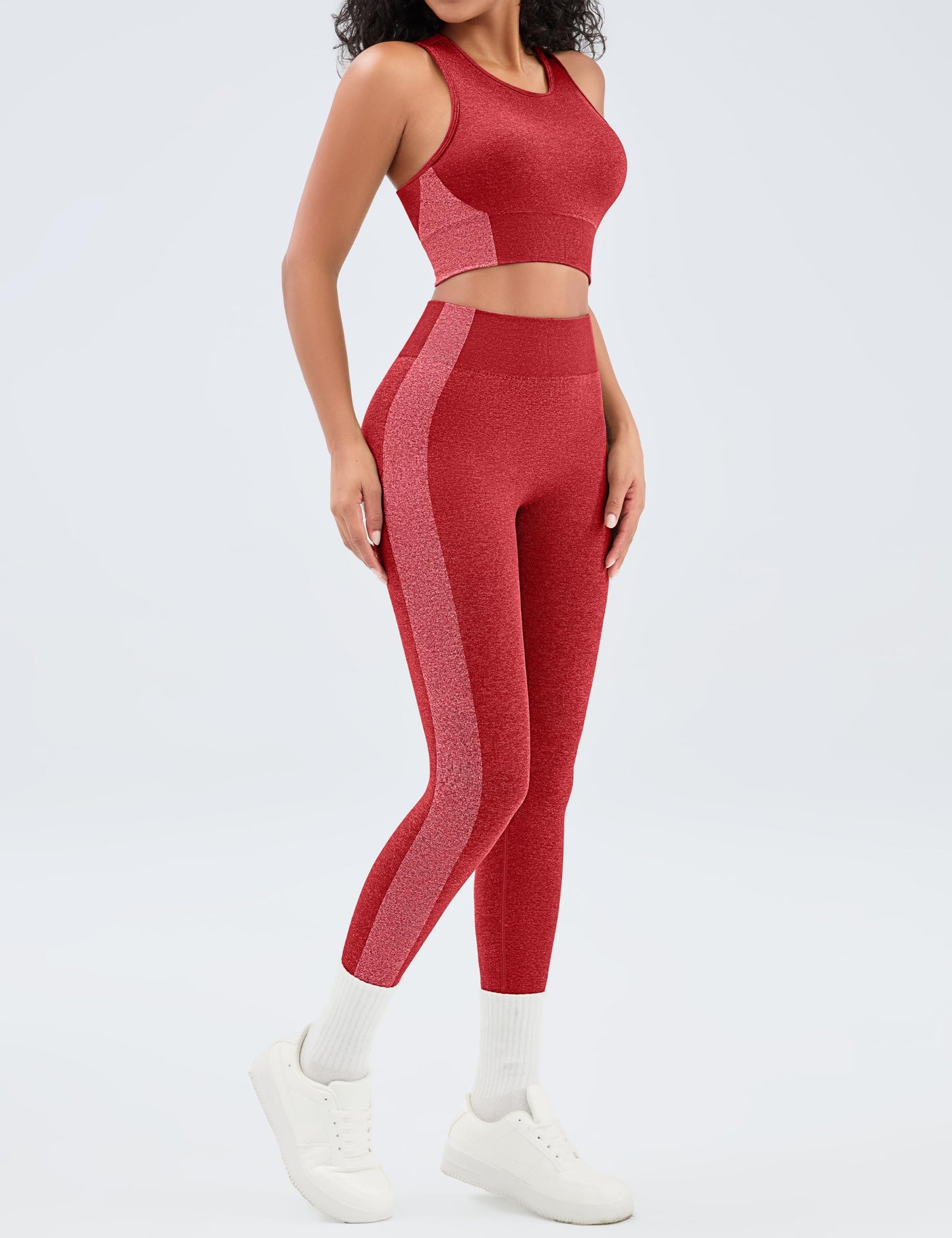 Relety Womens Workout Sets 2 Piece Seamless Padded Raceback Sports Bra Butt Lifting Leggings Color Block Gym Yoga Outfits - Red Large