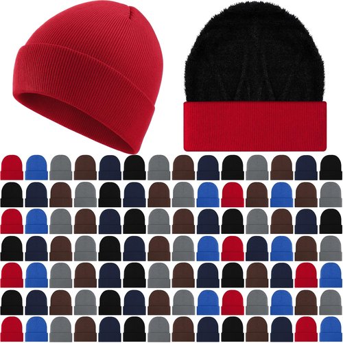 Chicingyou 120 Pcs Bulk Men Knitted Hats with Fleece Lining for Charity Homeless Donations, Unisex Beanies Winter Warm Hats(Classic)