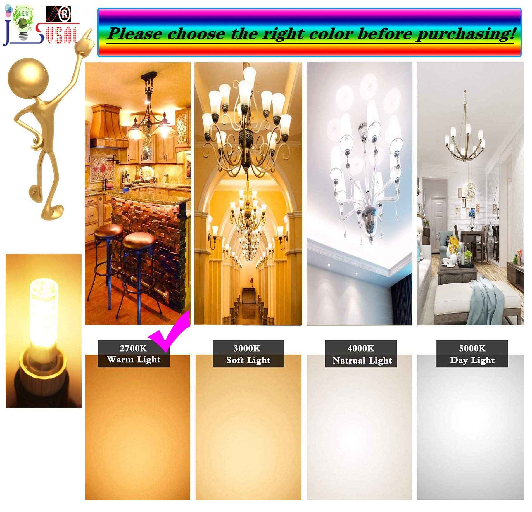 JSVSAL GY6.35 LED Bulb Dimmable,T4 JC Type GY6.35/G6.35 Bi-pin Base,AC/DC 12V Warm White 2700K 5W Equivalent to 40-50W Halogen Bulb for Pendant Light,Chandelier,Desk Light,Landscape Lighting,6-Pack