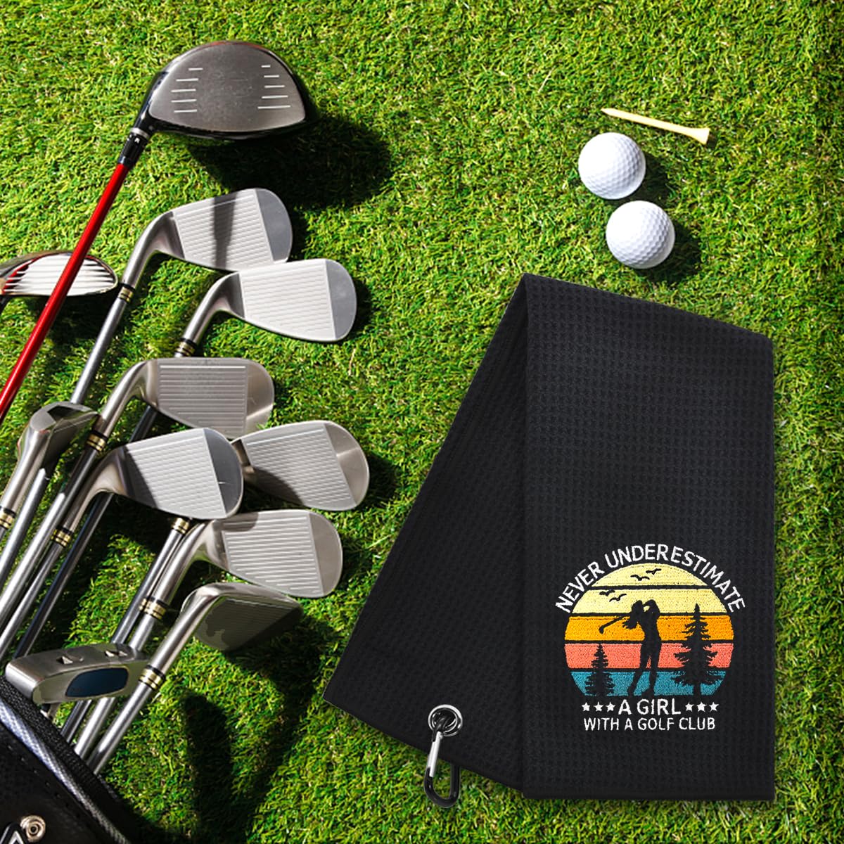 Hafhue Never Underestimate A Girl with A Golf Club Embroidered Golf Towel, Women's Golf Accessory, Birthday Gifts for Women Golfer Fan, Absorbent Microfiber Towel for Bags, Funny Golfs Gifts for Wife