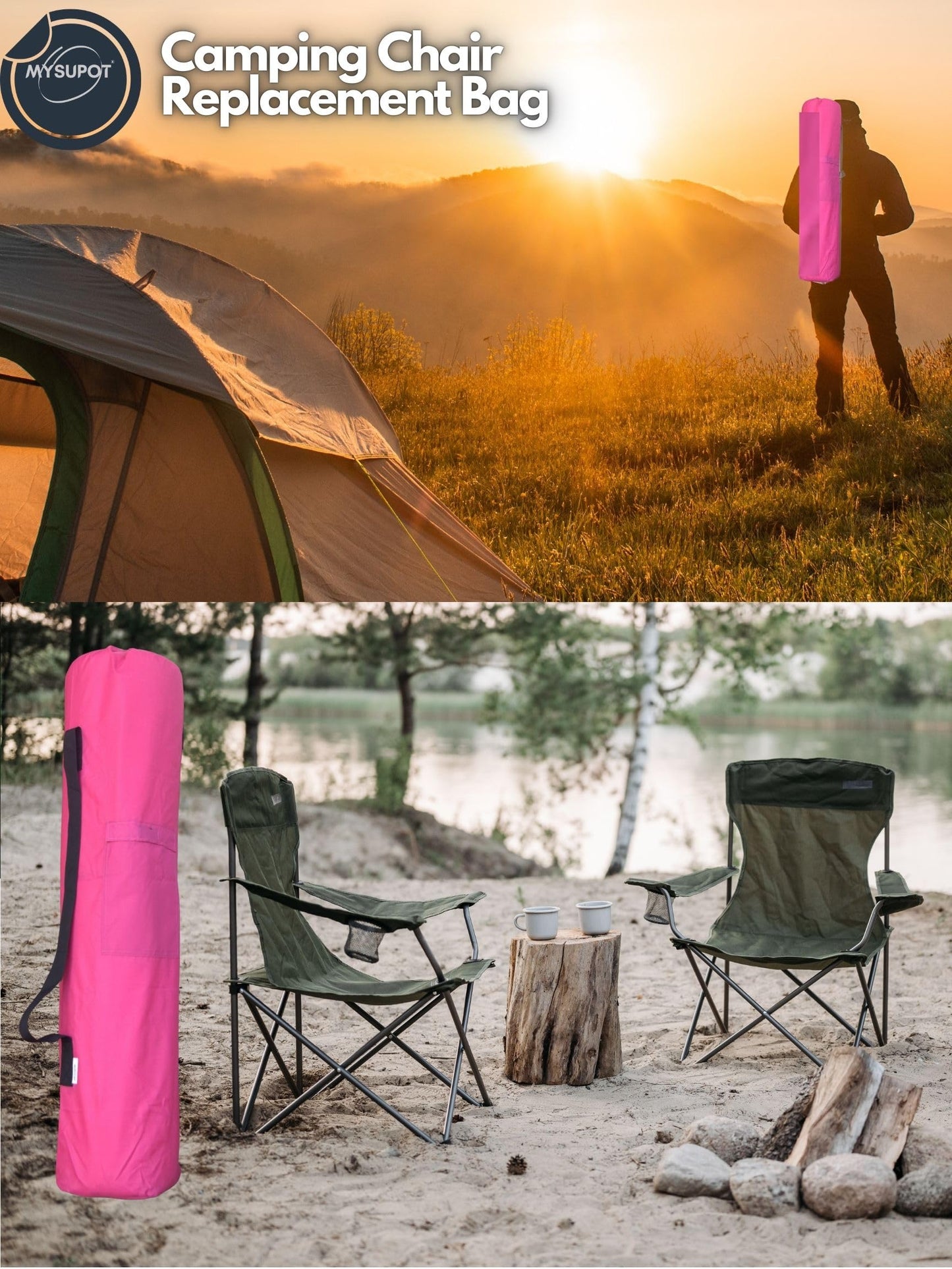 MYSUPOT 40"x7"x7" (Pink, M) Replacement Bag for Folding Camping Chair, Camp Chairs, Hammock, Yoga Mat, Beach Chair, Umbrella, Tent Bag 420D Oxford Polyester Fabric w/Side Pockets