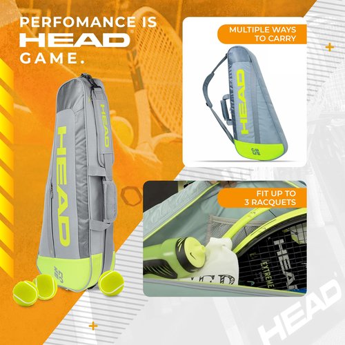 HEAD Core 3R Pro Tennis Racquet Bag, Holds 3 Racquets, Adjustable Strap, Grey/Yellow
