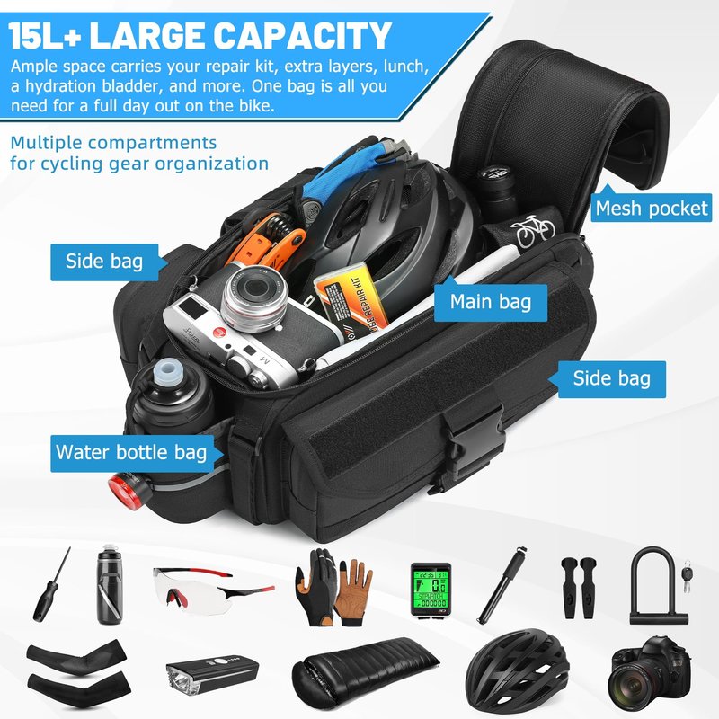 CDYWD 1050D Waterproof Rear Bike Rack Bag, 15L Large Bicycle Trunk Bag with Shoulder Strap for Cycling Commuter Shopping Travel, Bike Back Cargo Rack Bike Saddle Bag for Ebike, MTB, Cruiser, City Bike