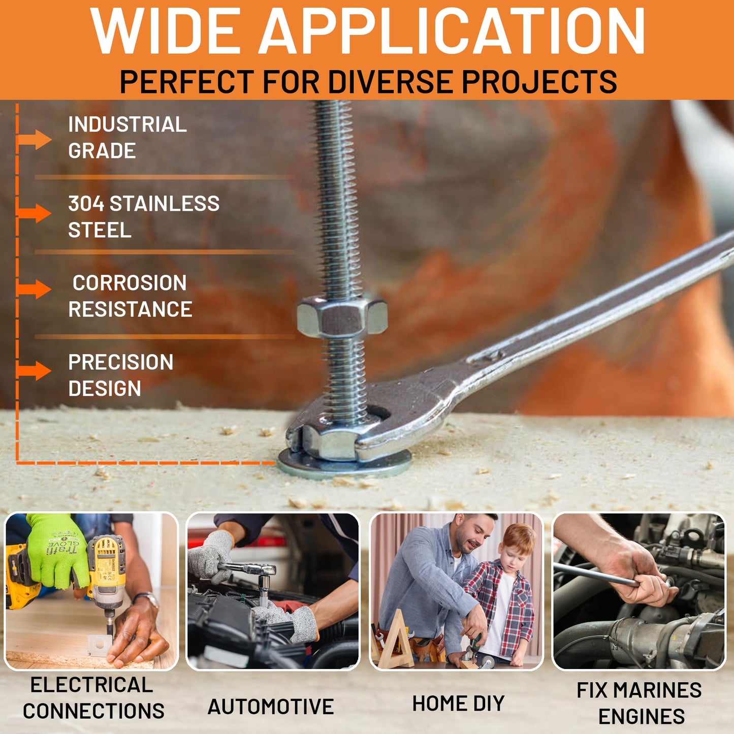 Stainless Steel Flat Washers Assortment Kit, SAE 304, 300-Piece Metal Screw Washers Set for Bolts, 8 Sizes #6; #10; #12; 1/4"; 5/16"; 3/8"; 1/2"