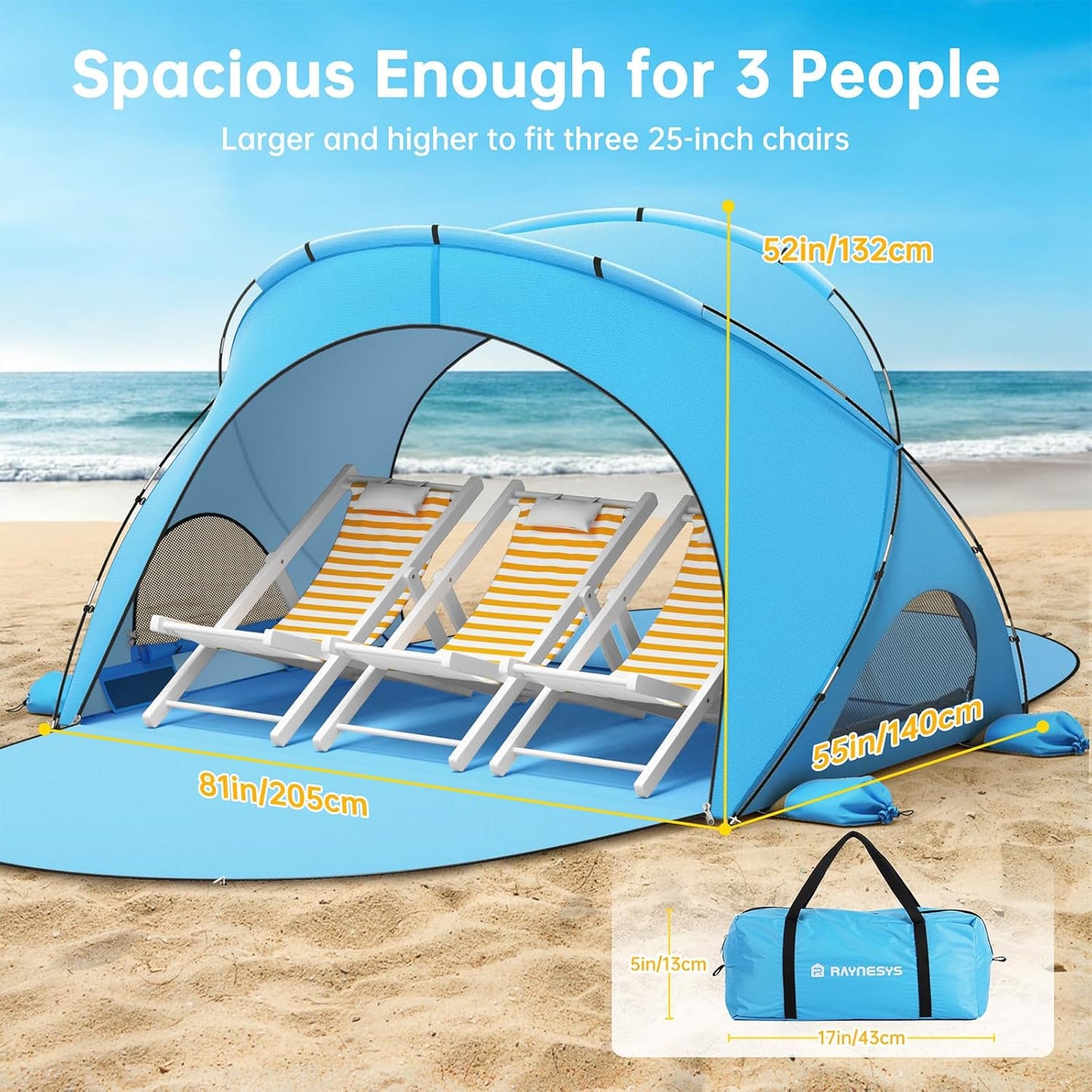 Raynesys Beach Tent - Portable Sun Shelter with UPF50+ UV Protection for 1-3 People | Blue Shade Tent