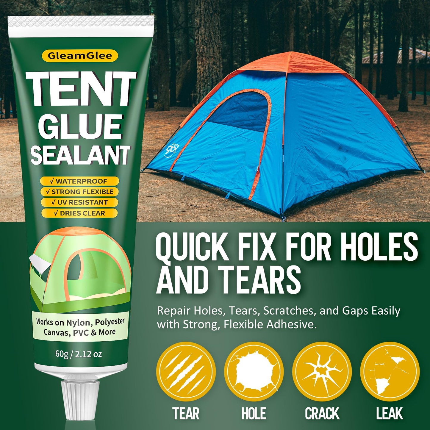 Tent Repair Glue Seam Sealer, Waterproof & Flexible Sealant Adhesive for Tent, Sleeping Pads, Awning & Groundsheet Repair and Outdoor Fabric, Works on Nylon, Canvas and Vinyl - 60ml / 2.12oz