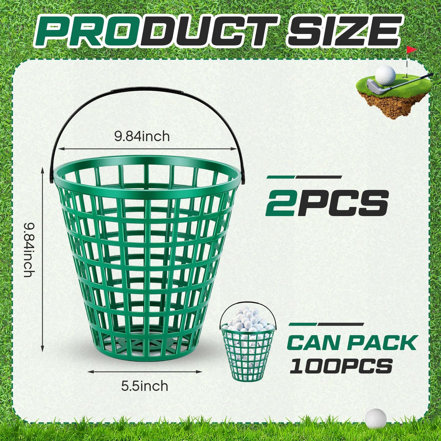 Halloscume 2 Pcs Golf Ball Basket, Can Hold 100 Balls Golf Container with Handle Holder Contain Stadium Accessories Storage Bucket for Storage Accessories(10 x 10 inch)