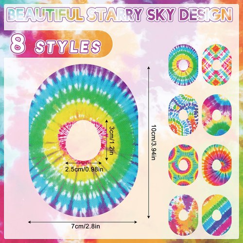 Geiserailie 32 Pack Over Patches Waterproof Compatible with Dexcom G7, Cgm Patches Tie Dye Colorful Adhesive Tape Stickers Sensor Covers Sweat Proof Flexible Breathable Pre-Cut(Rainbow)