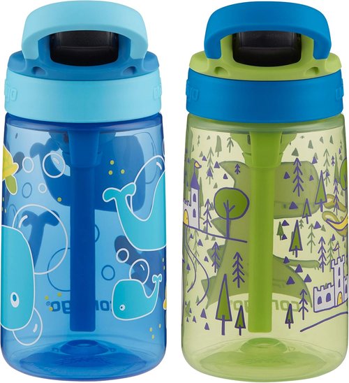 Contigo Aubrey Kids Water Bottle - Spill Proof Silicone Straw | 14oz, 2-Pack, Whales & Dragons