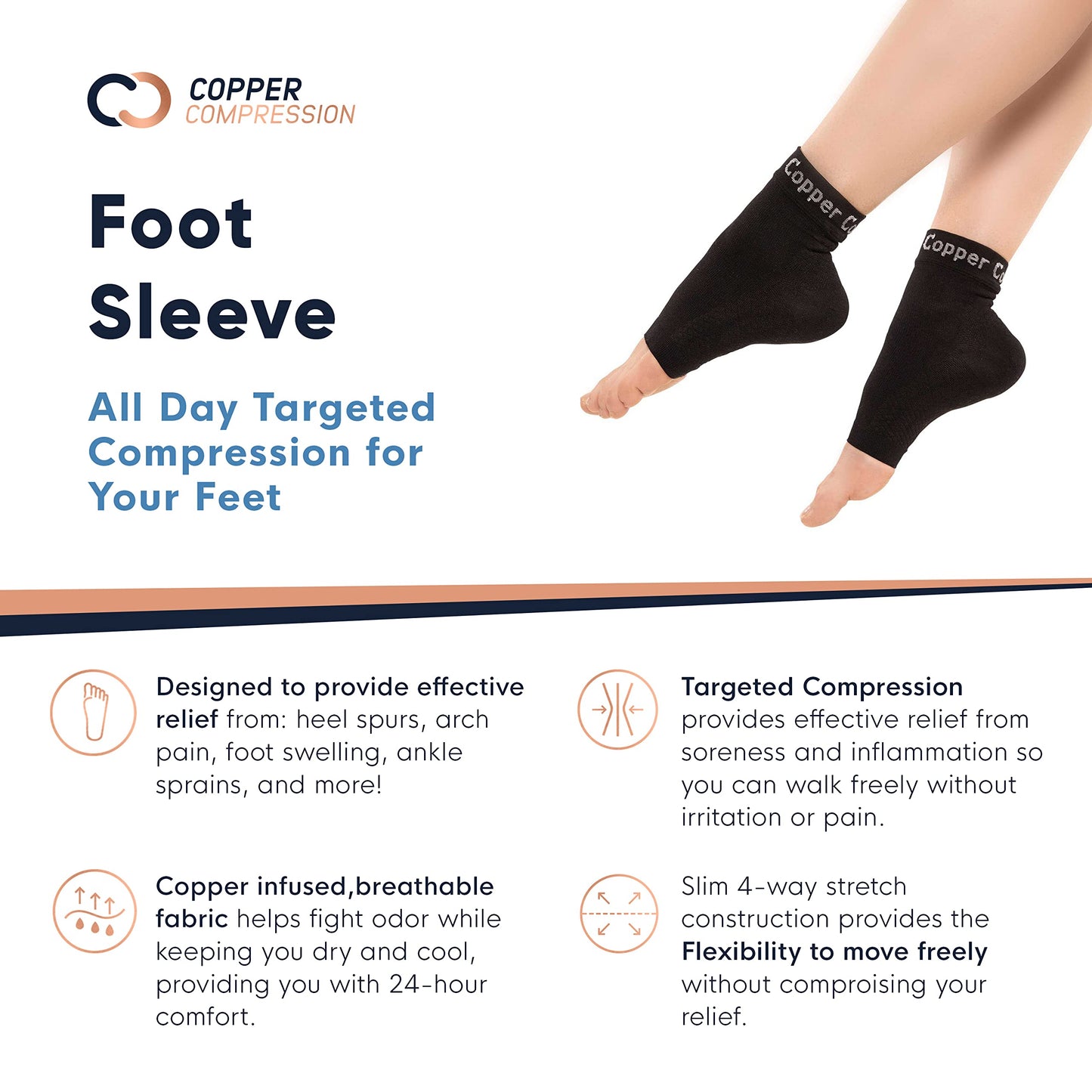 Copper Compression Foot Sleeves - Plantar Fasciitis, Achilles, Ankle Support Brace Socks - Day/Night Relief from Heel Spurs, Arch Pain, Swelling, Soccer Injuries, Golf, Running - 1 Pair Black - S/M