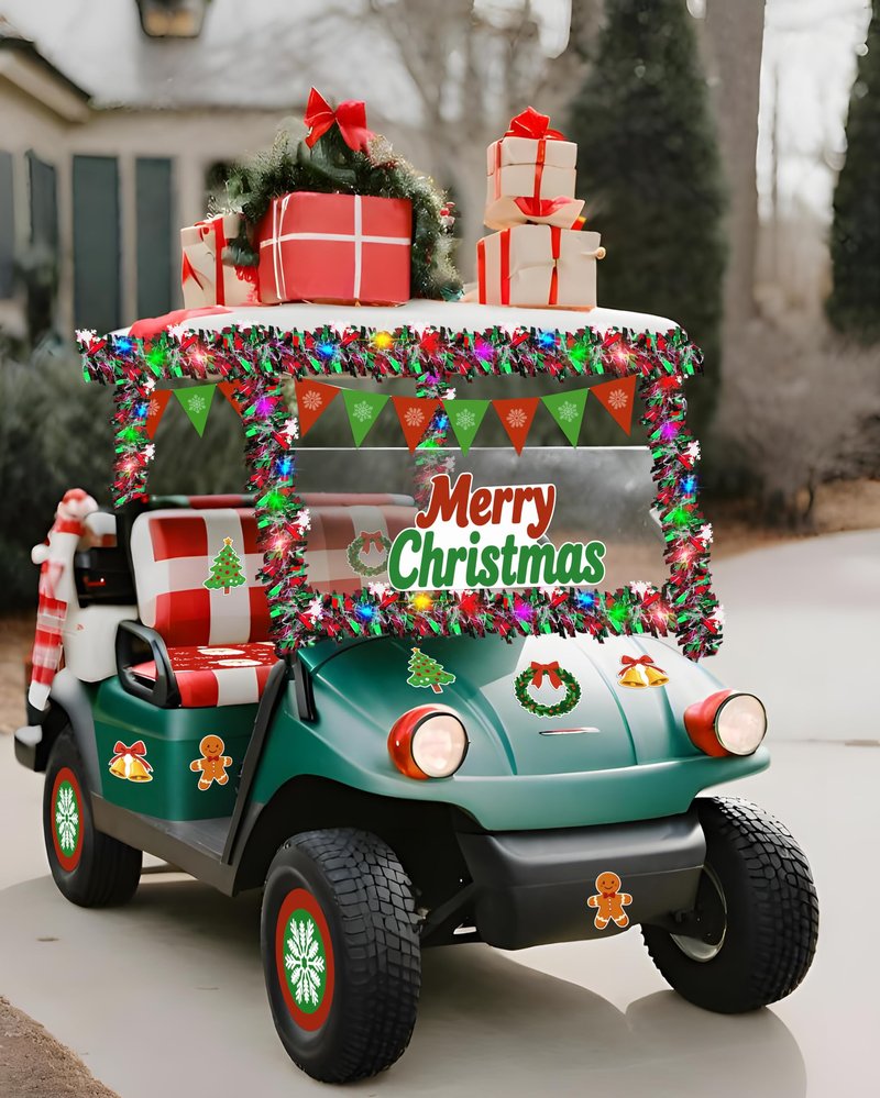 Moon Boat 21Pcs Christmas Golf Cart Decorations - Seat Cover Tinsel Garland Stickers Banner Accessories Kit for Parade Decor