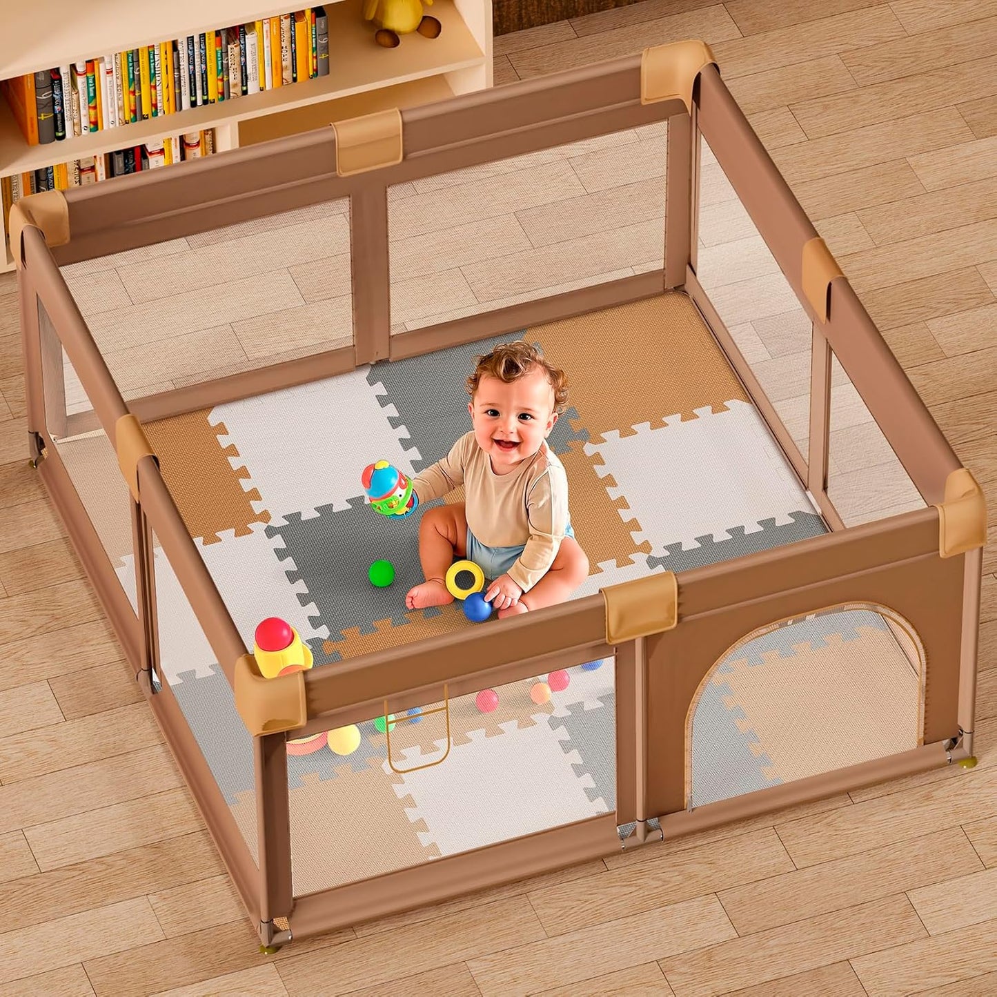 Skiennix Baby Play Mat - 16 Interlocking EVA Foam Tiles | 0.6 Inch Thick, White-Brown-Grey
