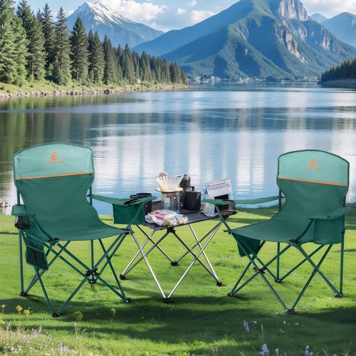 LET'S CAMP Folding Camping Chair - 2 Pack with Cooler Bag & Cup Holder | Supports 350LBS, Green