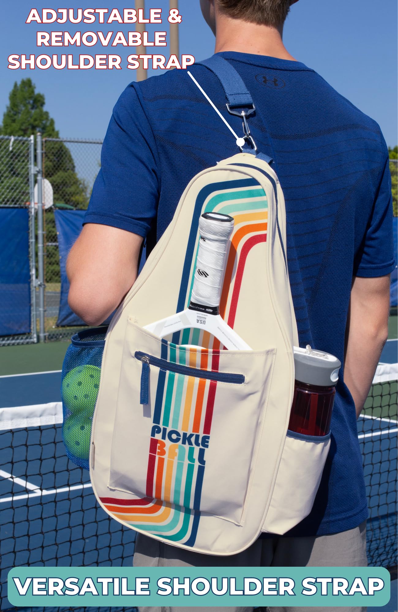 STEEL MILL AND CO. Pickleball Bags for Ladies and Men, Unisex Pickleball Bag Holds 4 Pickleball Paddles, Adjustable Sling Bag with Fence Hook and Water Bottle Holder, Retro Stripe