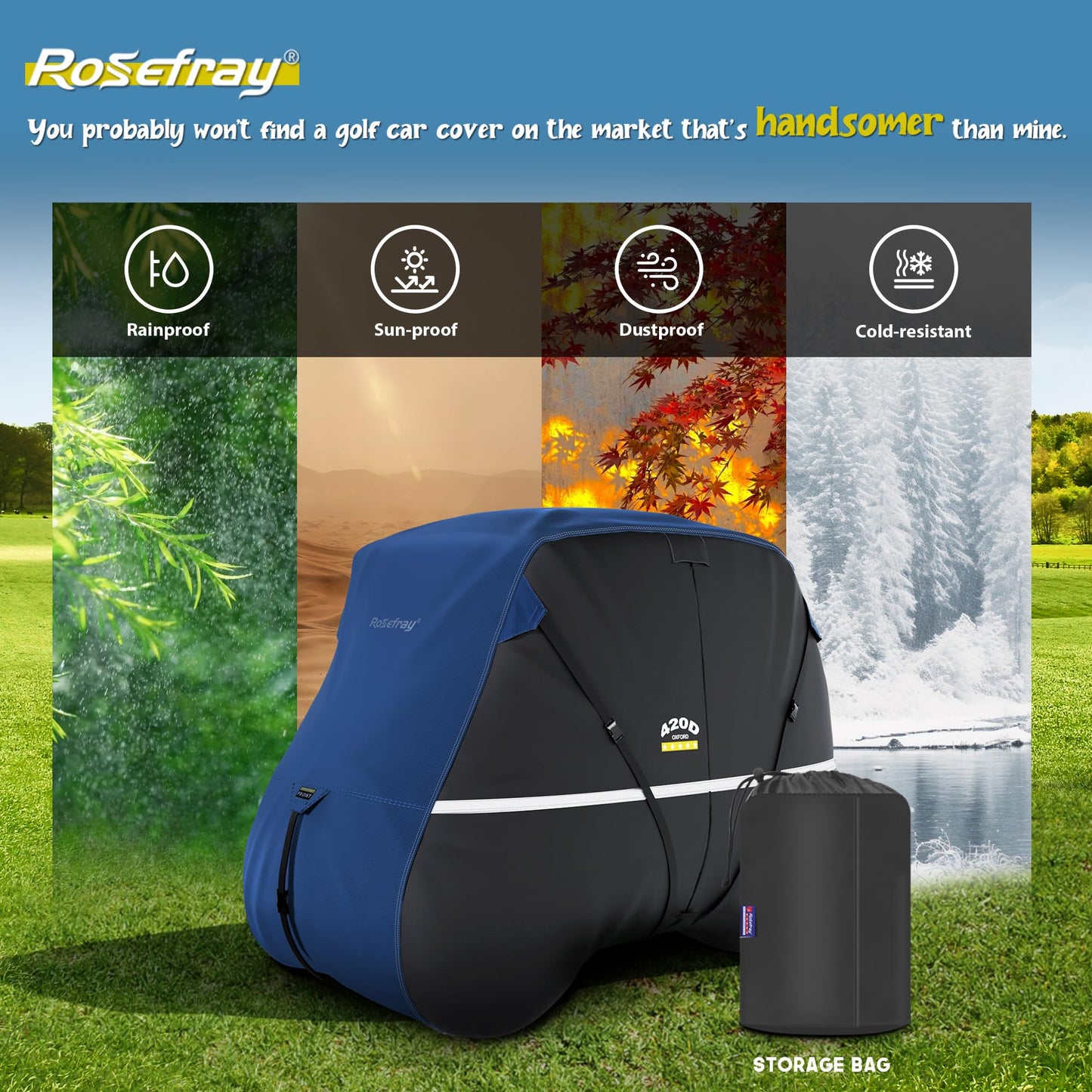 Rosefray Golf Cart Cover 420D Waterproof Innovative 360° Windproof Design, Fits for Club Car, EZgo, Yamaha, and More 2+2/4 Passenger Golf Cart - Black/Blue