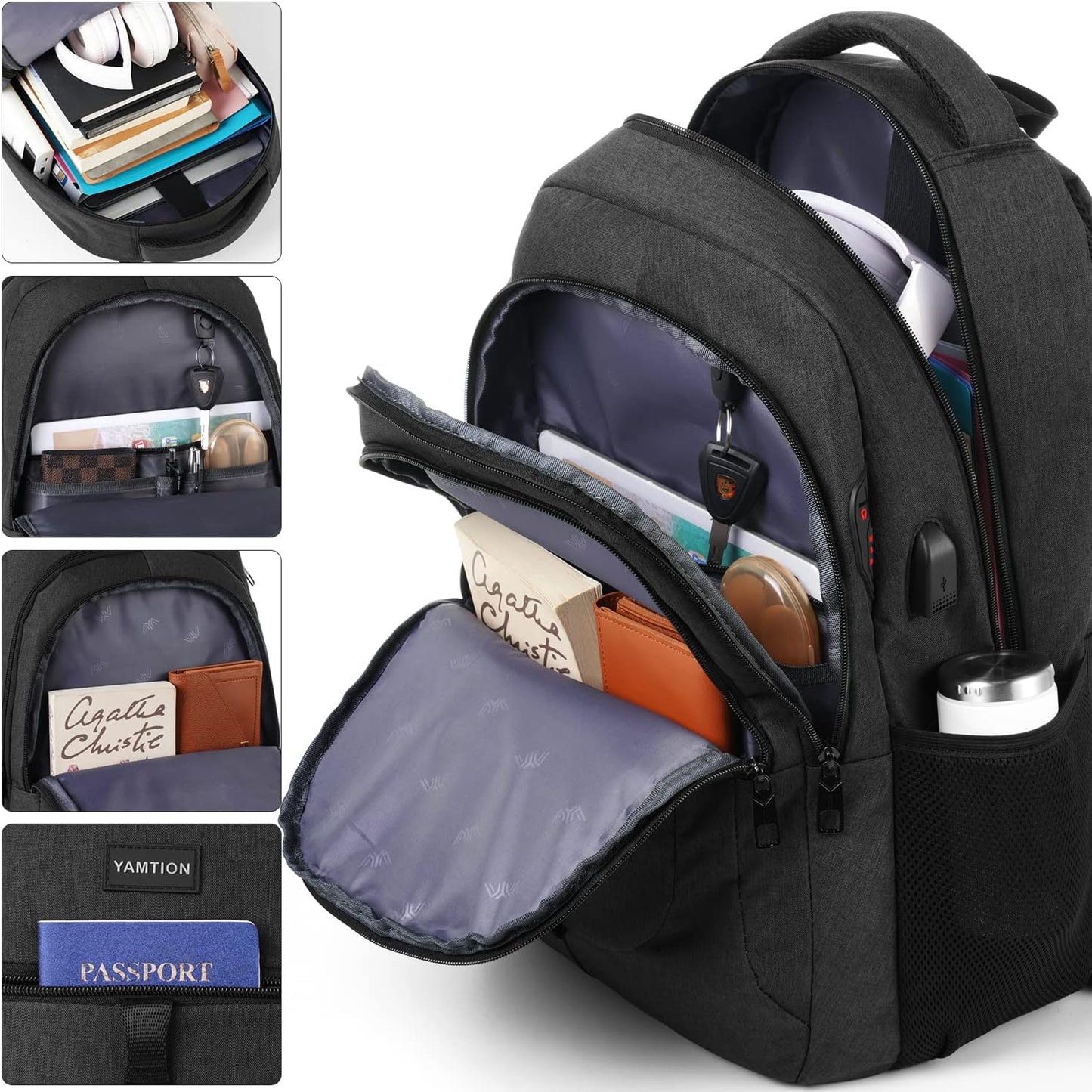 YAMTION Black Backpack - Versatile Laptop Bag with USB Port for School, Work & Travel