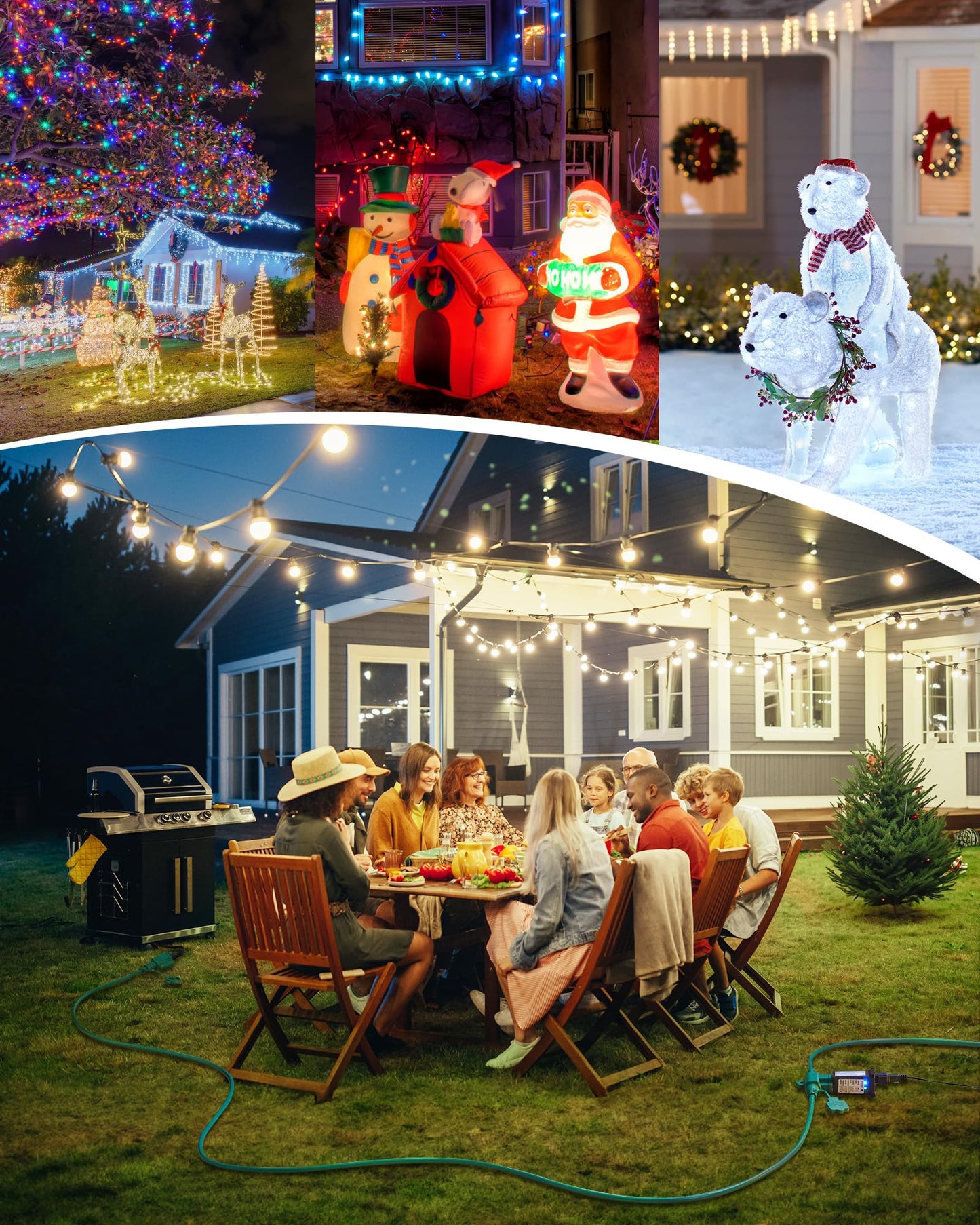 Brightown Outdoor Extension Cord Multiple Outlet, 2 Packs Each 50 Ft Christmas Light Extension Cord Evenly Spaced 6 Outlets Plugs with Safety Cover, 16/3 SJTW Green Extension Cord Waterproof