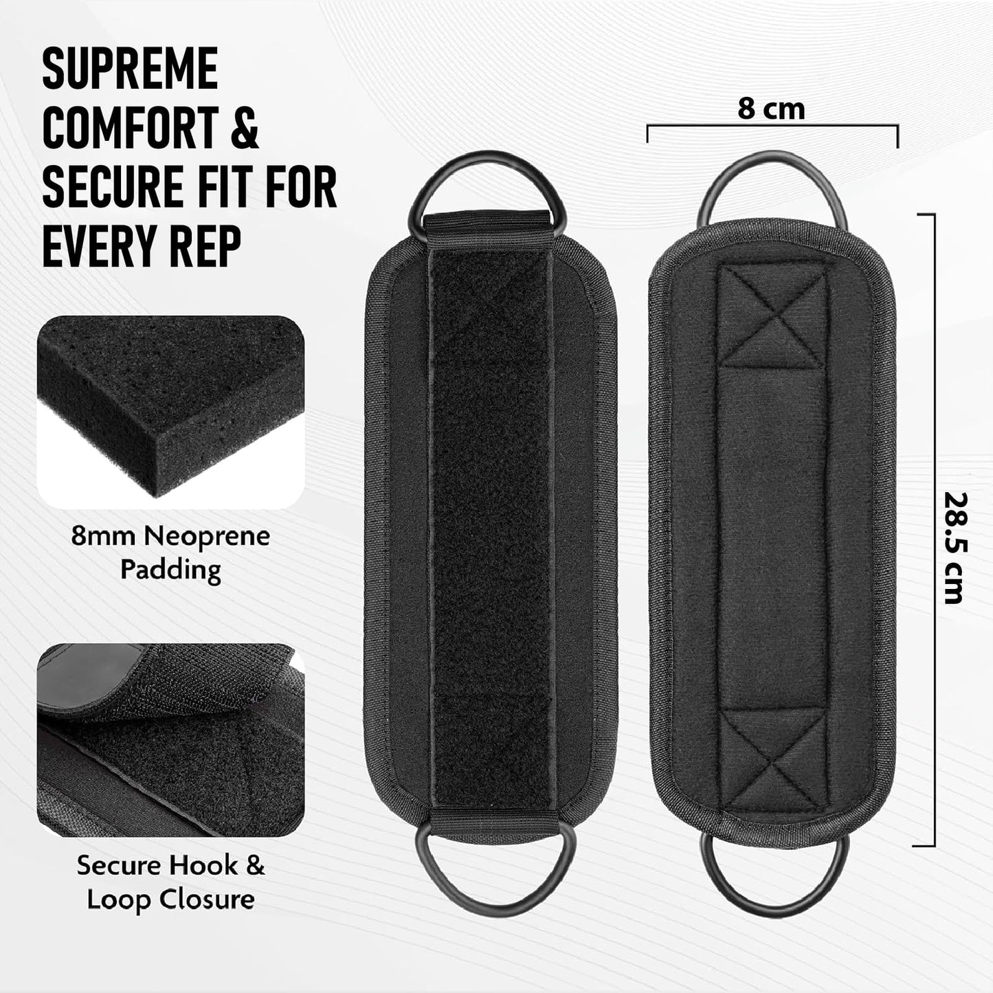 QTF Ankle Strap for Cable Exercise Machines with free shark pads, Work Out Cuff Attachment for Men & Women, Glute Workouts - Kickbacks, Leg Extensions, Hip Abductors, for Exercise Machine Attachments (Black)
