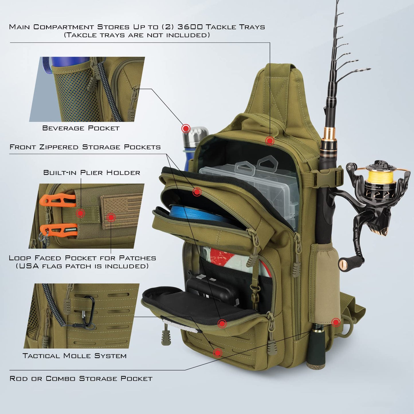 KastKing BlowBak Fishing Sling Bag With Rod Holder,Gear Storage,Khaki