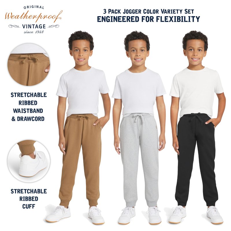 Weatherproof Vintage Boys' 3 Pack Variety Midweight Super Soft Fleece Lined Stretchable Jogger Pants, Tan Grey Black Set, X-Large