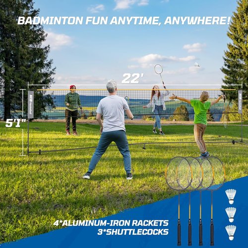 Haokelball Badminton Volleyball Pickleball Net Set - 22FT Portable All-in-One System with Adjustable Height, Includes Balls & Rackets